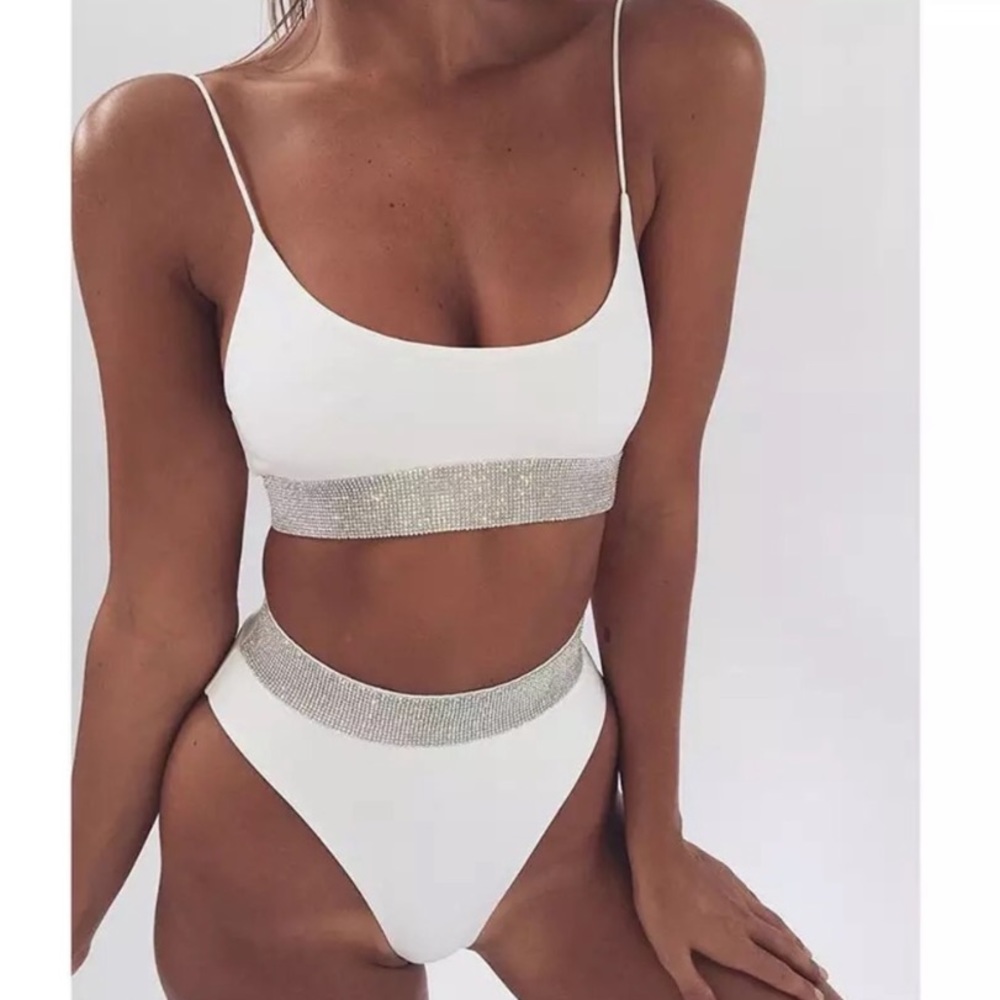 Sparkle-trimmed Mid-Rise White Bikini Set